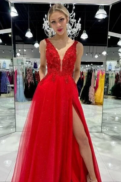 Tulle A-Line V-Neck Sleeveless Appliques With Side Slit Prom Dress Tulle Midi Dress