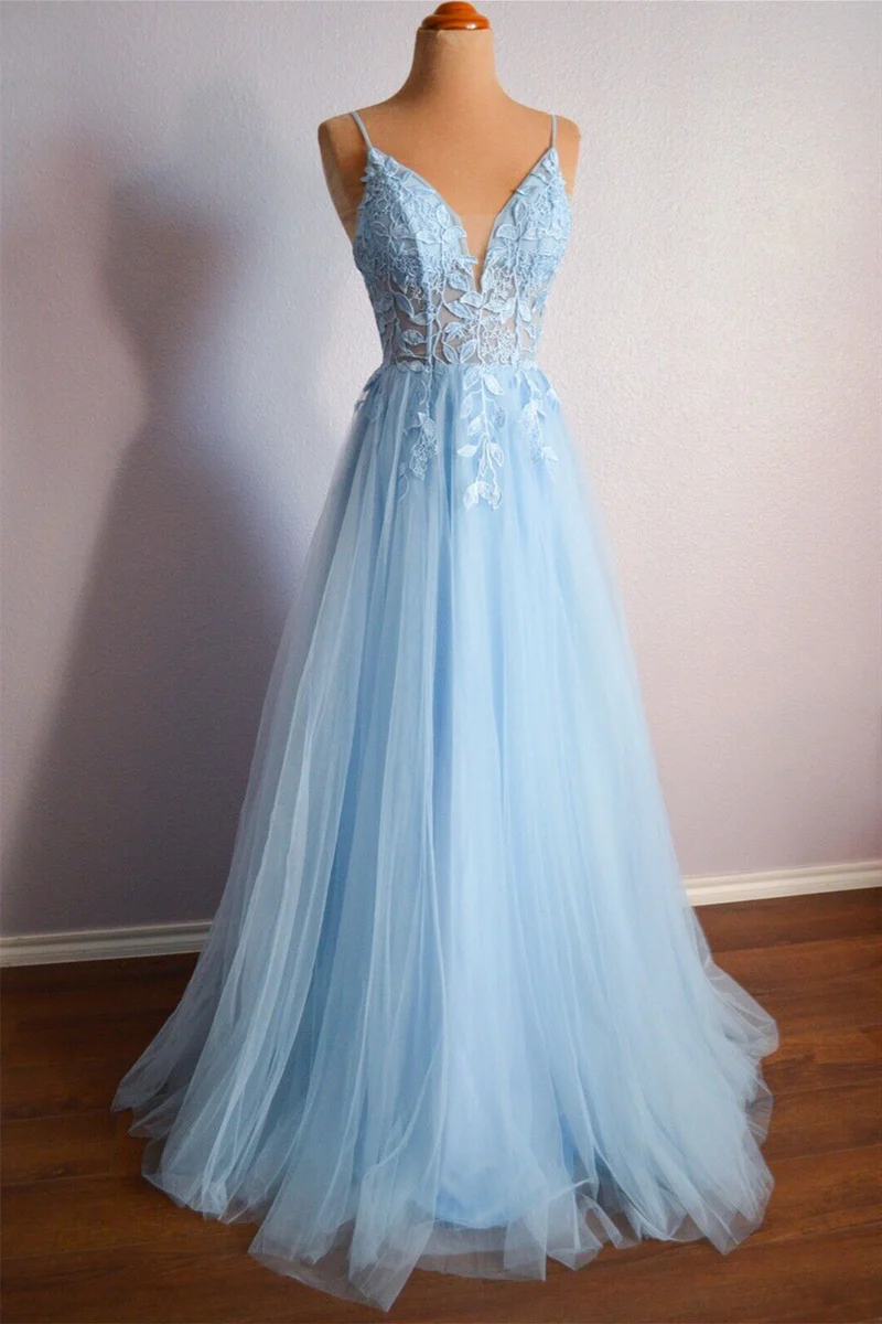 Tulle A-Line V-Neck Strapless Appliques Prom Dress Tulle Evening Dress