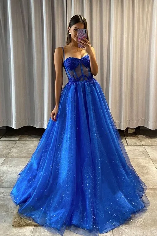 Royal Blue Tulle Lace Long Prom Dress Spaghetti Straps Evening Dress,DP707 Tulle Dress Glamour