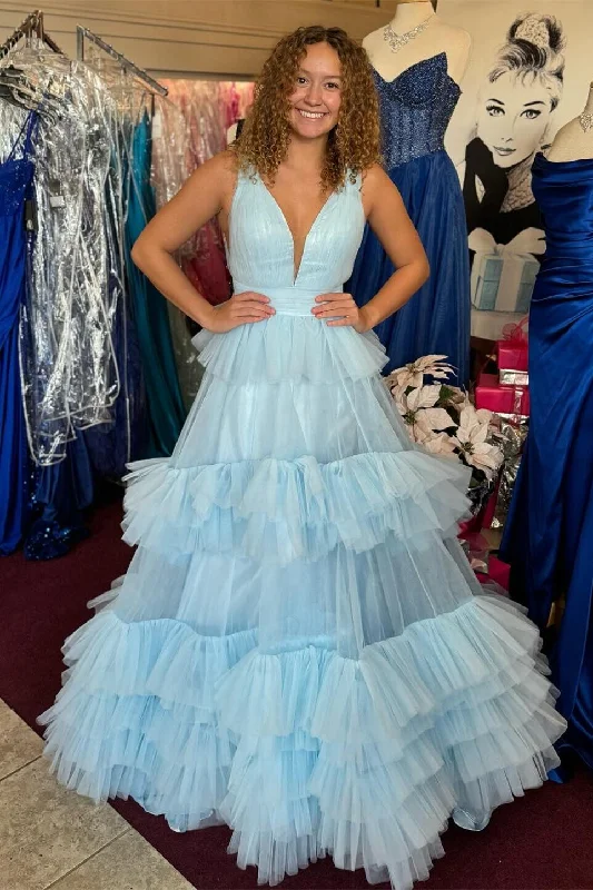 V-Neck Sleeveless Empire Tulle A-Line Tiered Prom Dress Soft Tulle Dress