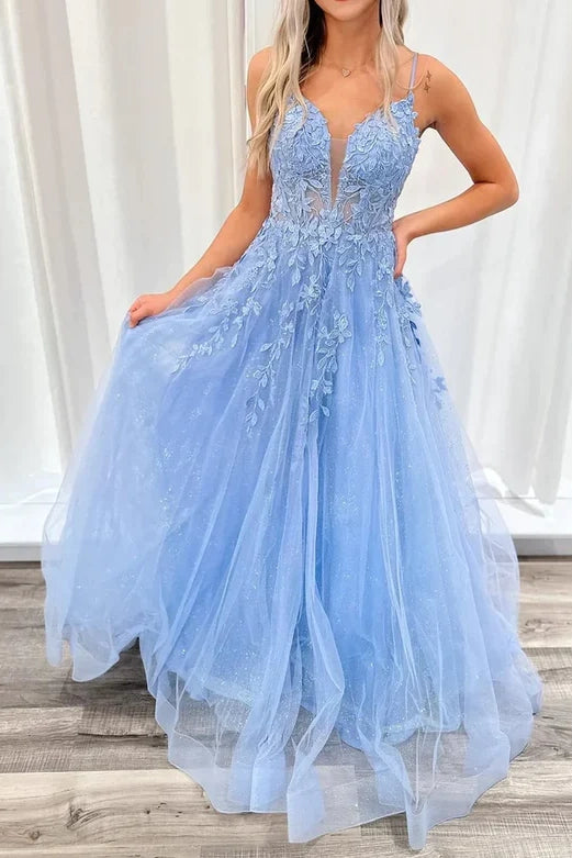 V-Neck Spaghetti Straps Lace Appliques Tulle A-Line Prom Dress Tulle Dress Design