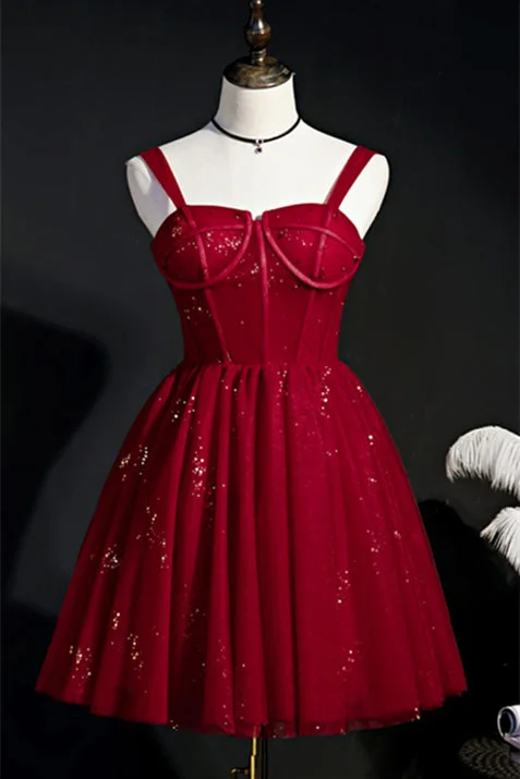 Wine Red Straps Boning Beaded Tulle Homecoming Dress Fluffy Tulle Dress